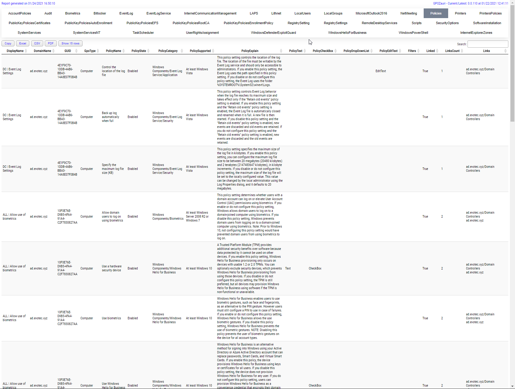 GPOAnalysis tab for Policies showing event log, biometrics, and Windows Hello policy rows.