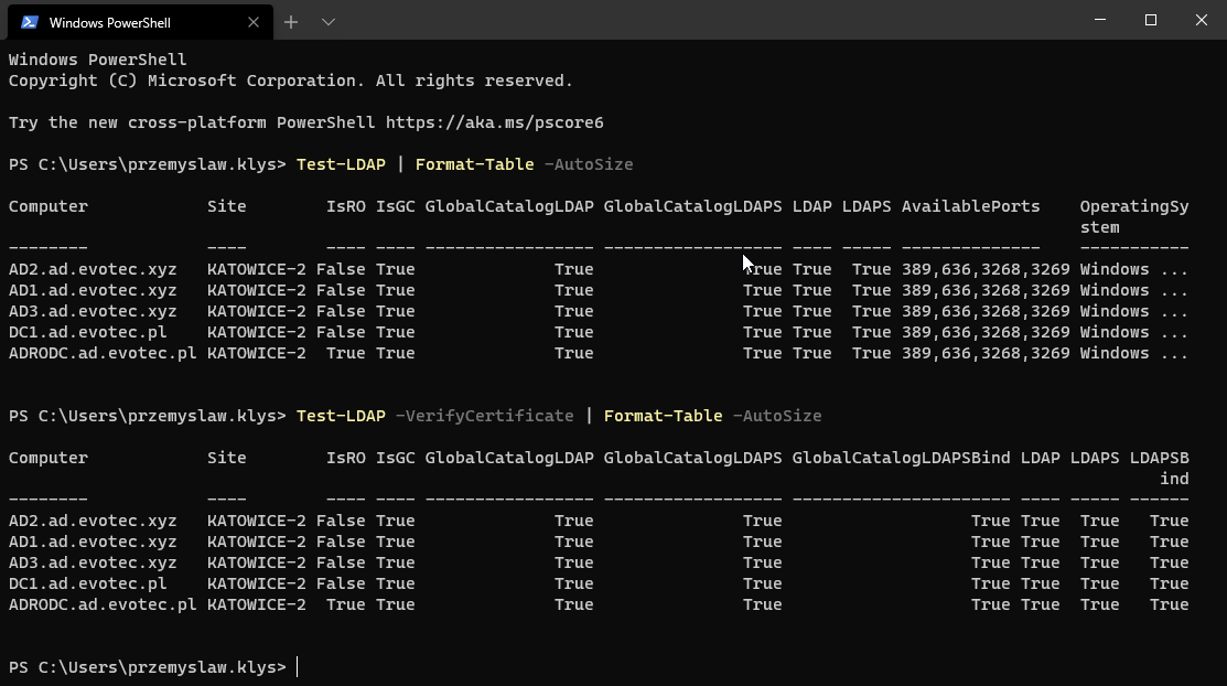 PowerShell console output from Test-LDAP -VerifyCertificate with LDAPS details