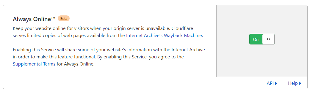 Cloudflare Always Online beta setting enabled with Wayback Machine explanation