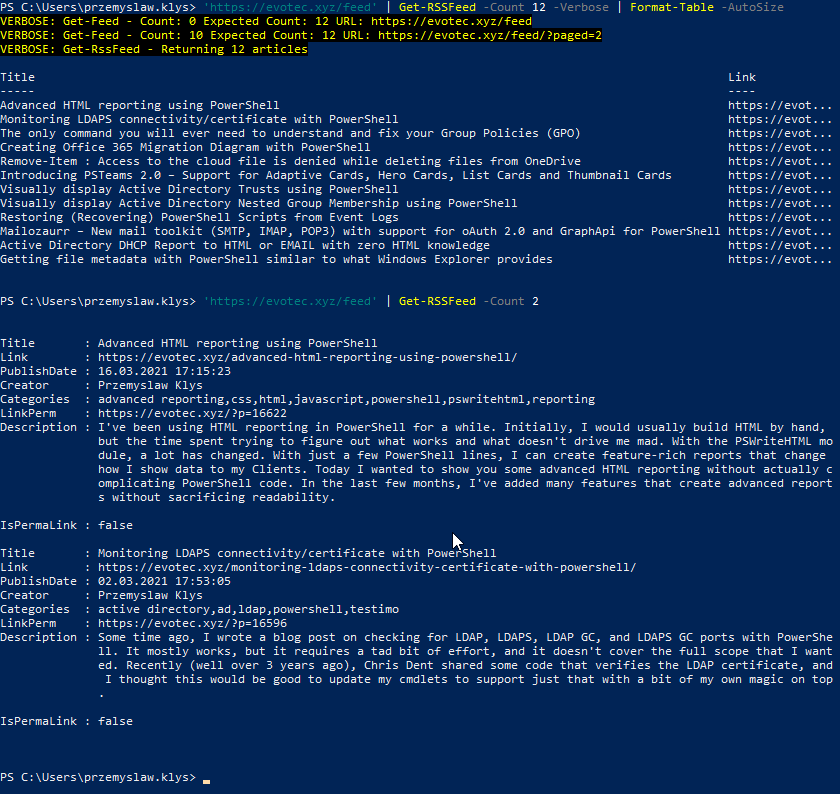 PowerShell console output from Get-RSSFeed listing blog posts from the evotec.xyz RSS feed
