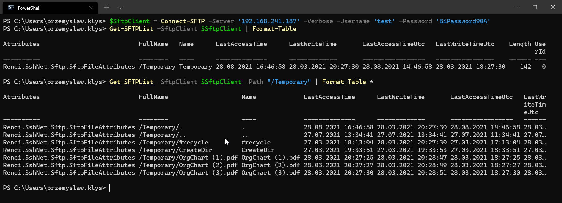 SFTP directory listing shown after connecting with Connect-SFTP and querying folders with Get-SFTPList.