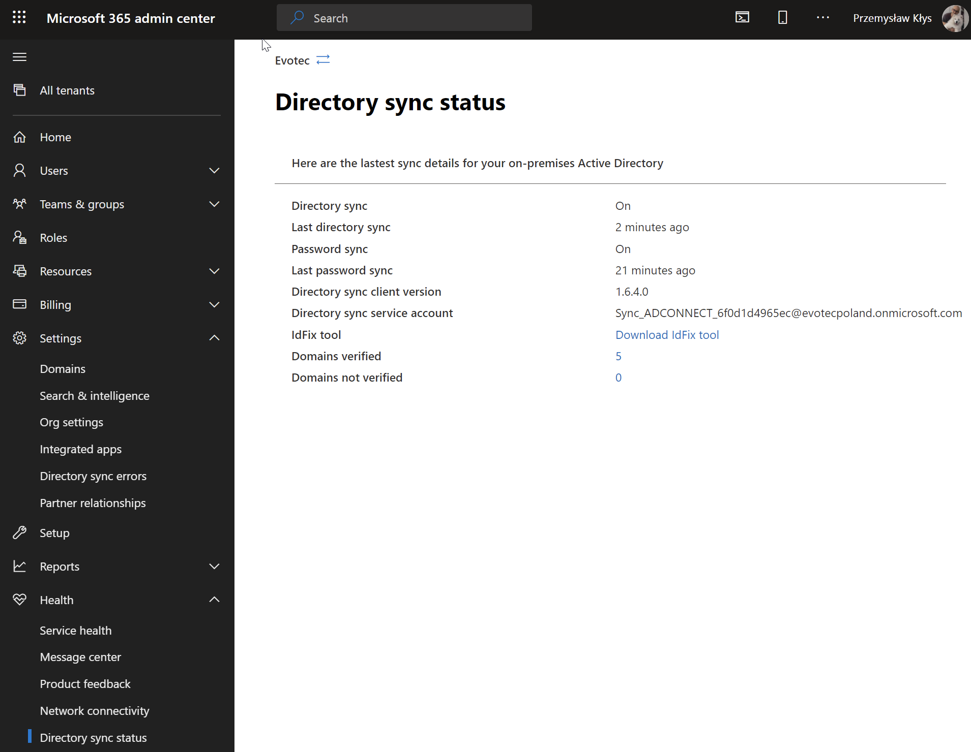 Directory sync status page in Microsoft 365 admin center
