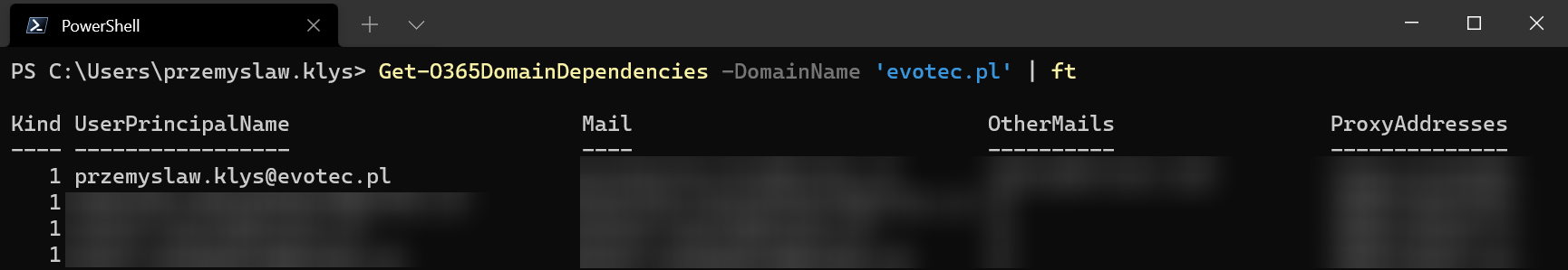 PowerShell table of Office 365 domain dependencies for evotec.pl