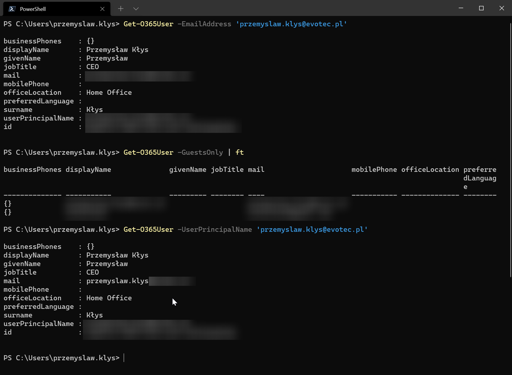 PowerShell output of Get-O365User by email address, guests, and user principal name
