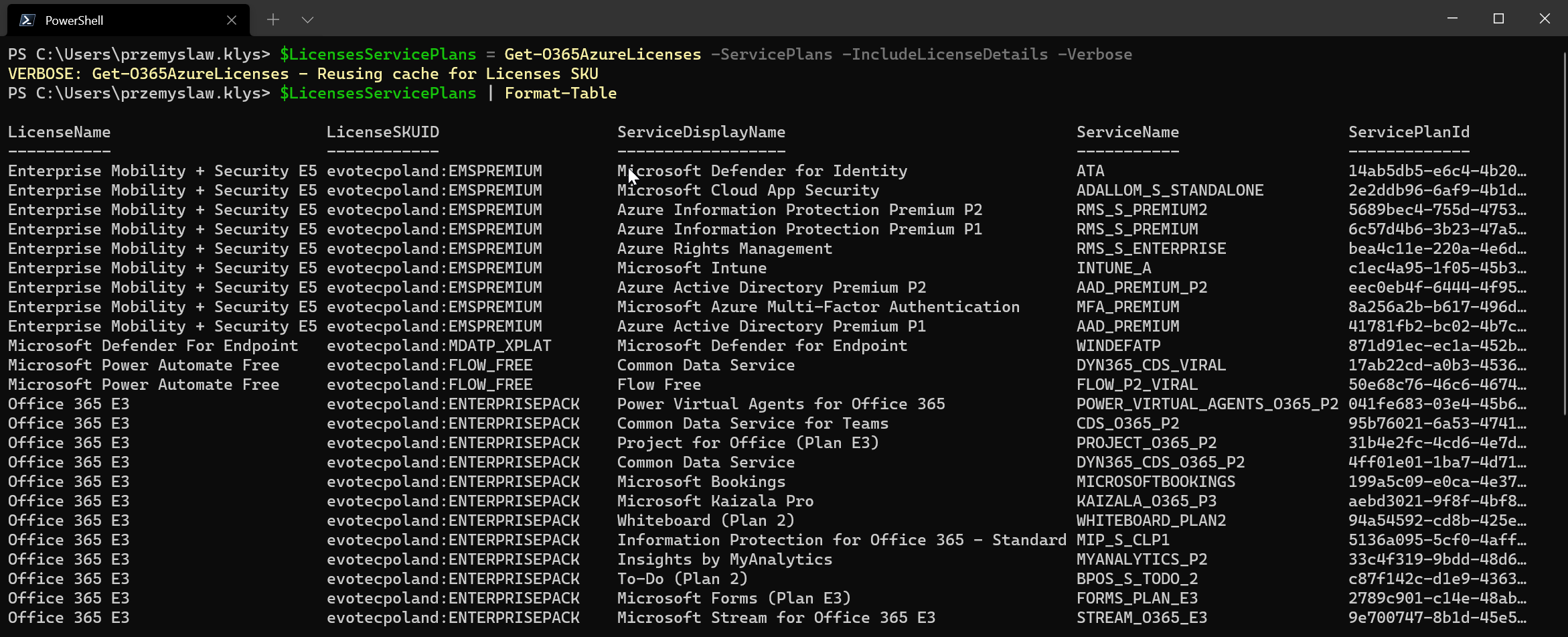 PowerShell table of Office 365 service plans and service names for licenses