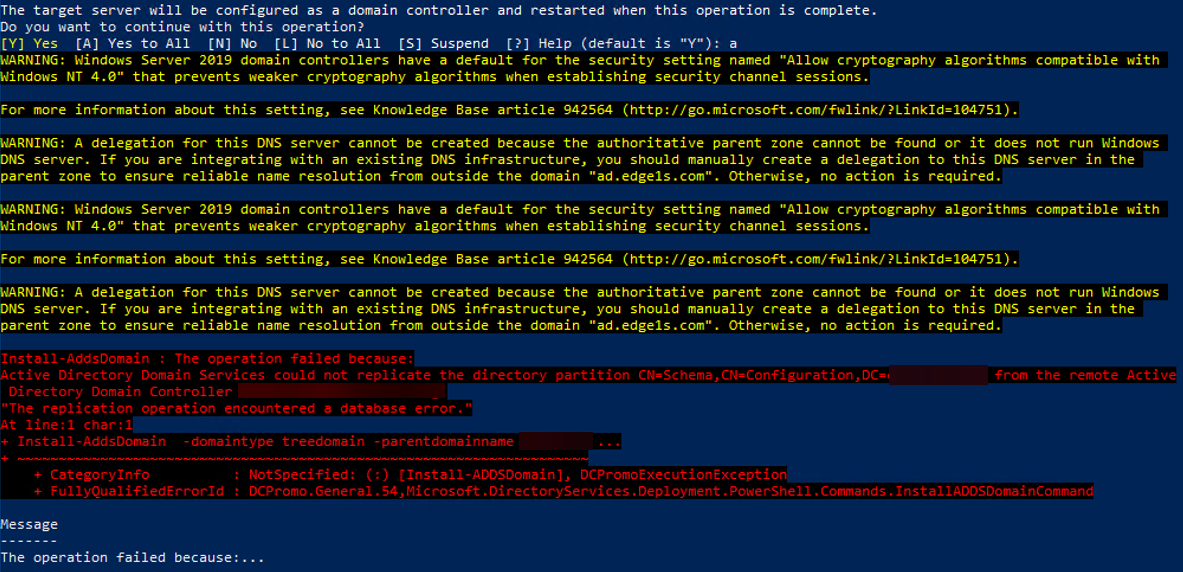 PowerShell Install-ADDSDomain error showing replication operation encountered a database error