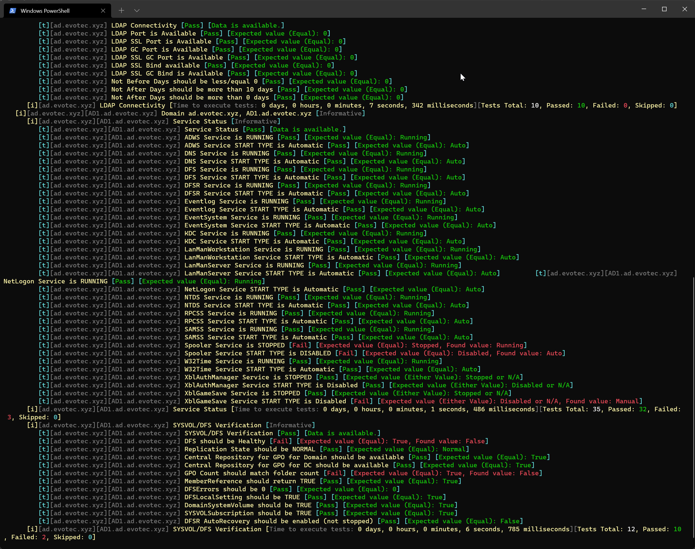 Testimo LDAP and domain controller service checks with DFS warnings