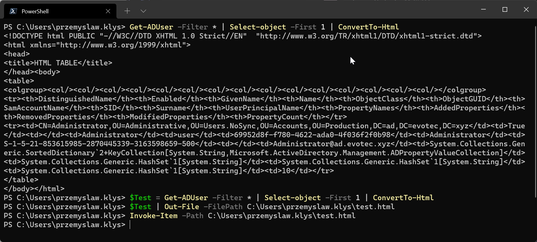 Plain ConvertTo-Html output showing a basic PowerShell user table