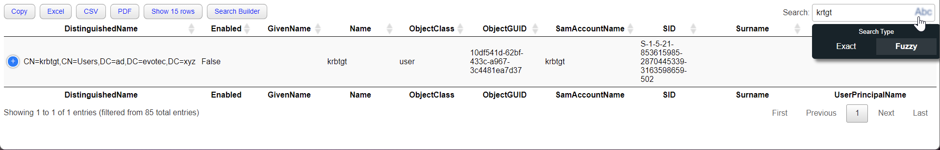 Table toolbar showing the fuzzy search and exact search toggle