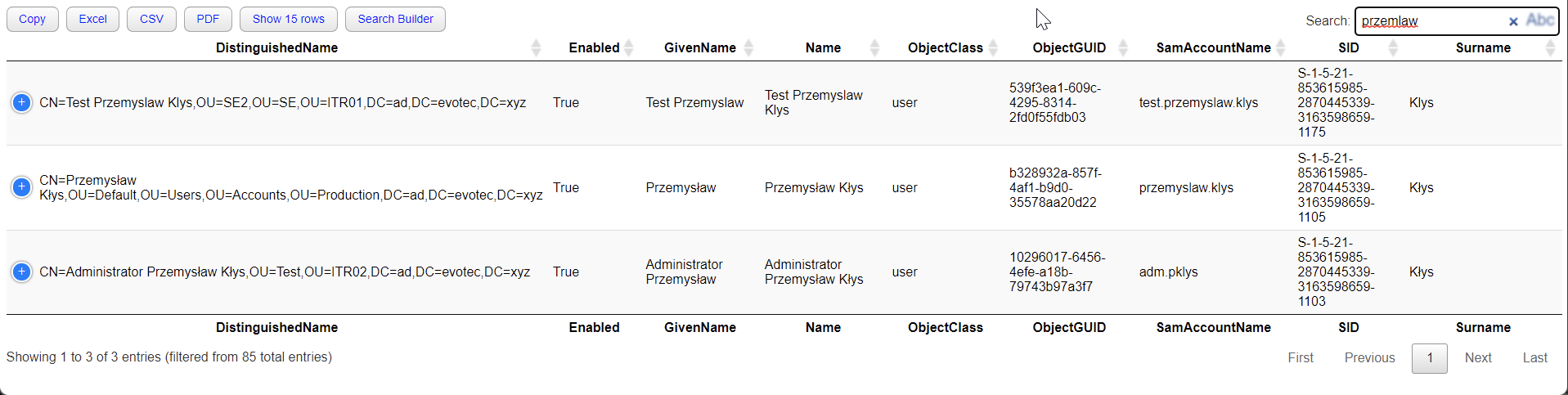 Example table demonstrating switching between fuzzy and exact search