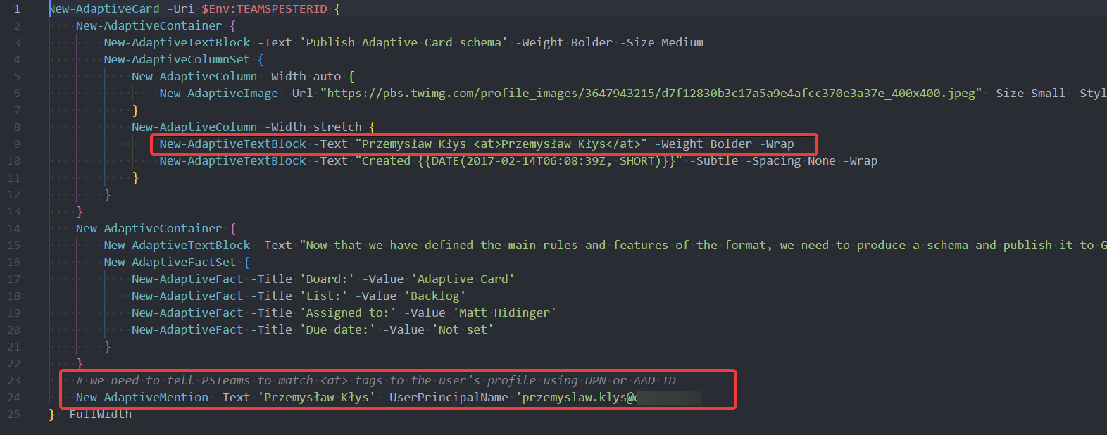 PowerShell adaptive card example with highlighted mention tags and New-AdaptiveMention