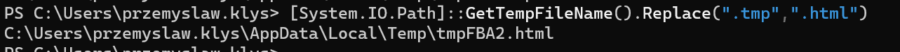 PowerShell example using GetTempFileName to build a temporary HTML file path