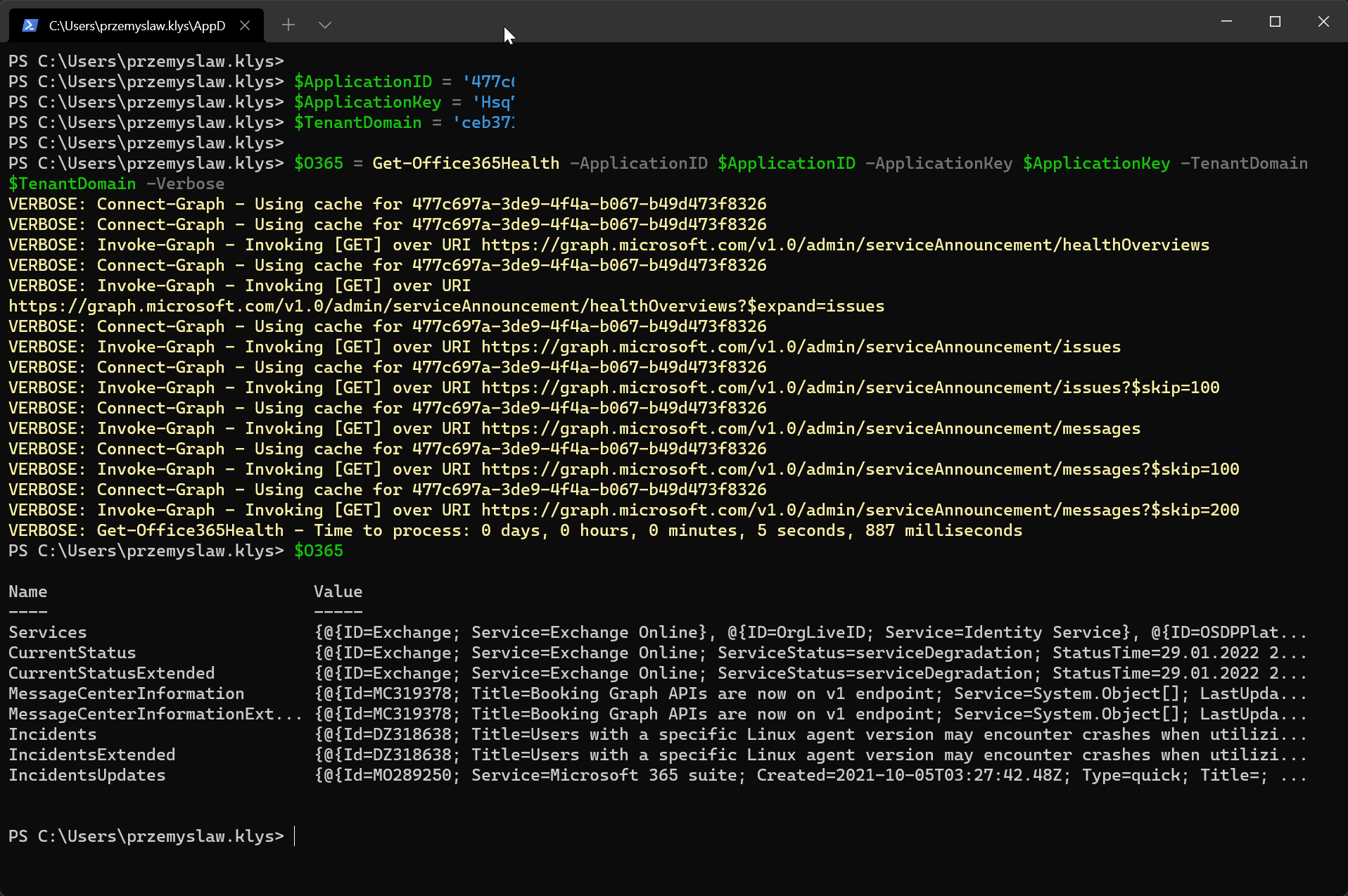 PowerShell output from Get-Office365Health