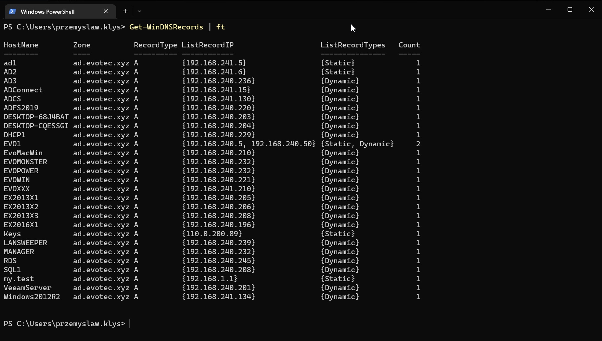 PowerShell table showing duplicate DNS entries with hostname, zone, record types, and IP counts