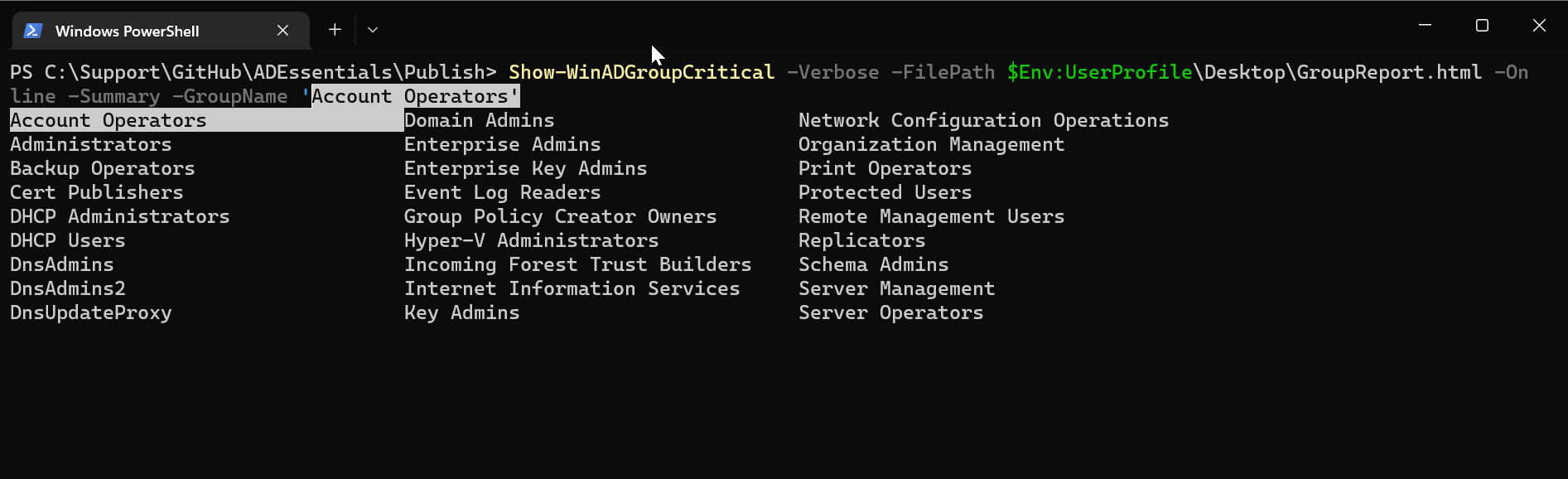 Selected critical groups in the report configuration