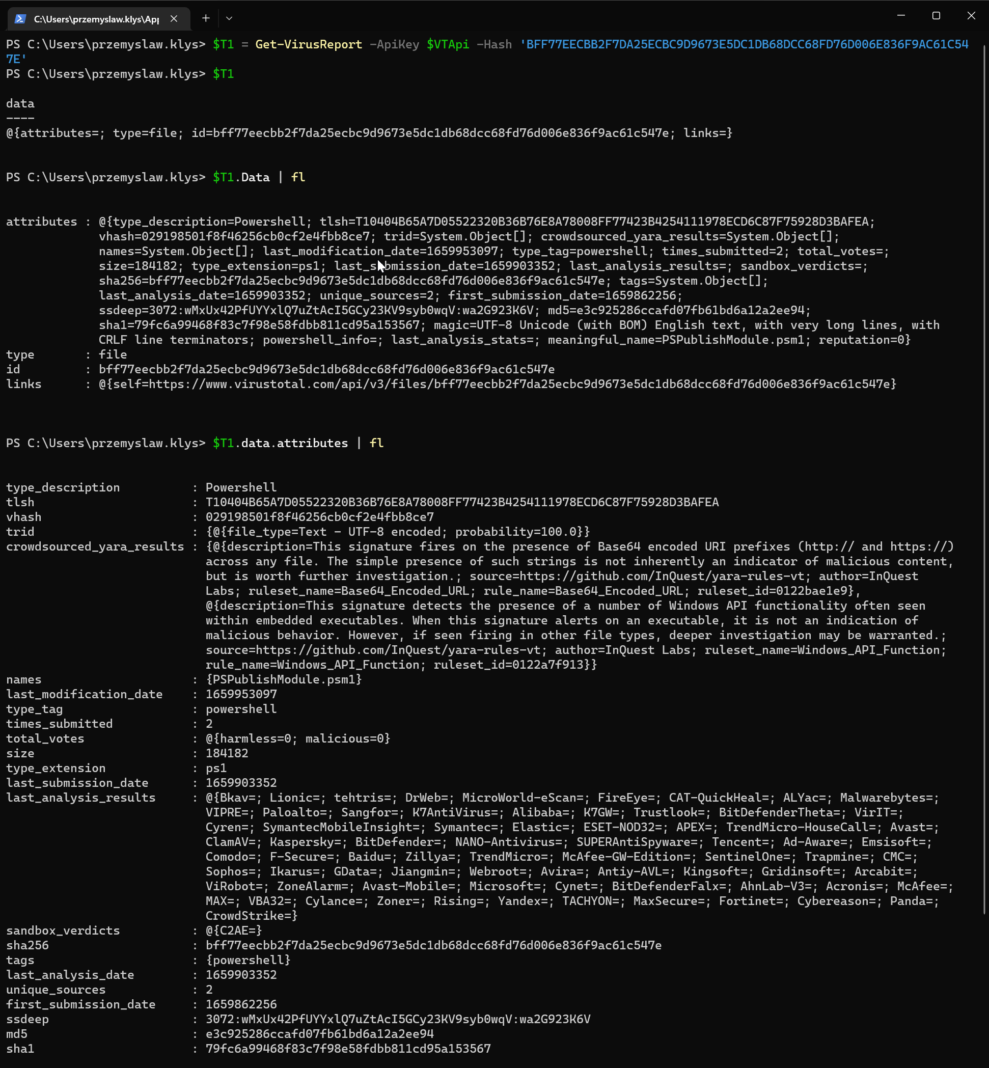 Working with VirusTotal from PowerShell