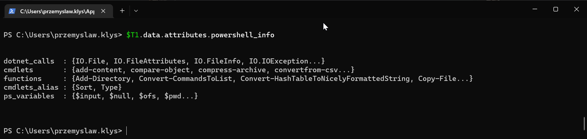 PowerShell output displaying the powershell_info section returned by the VirusTotal v3 API for a scanned script.