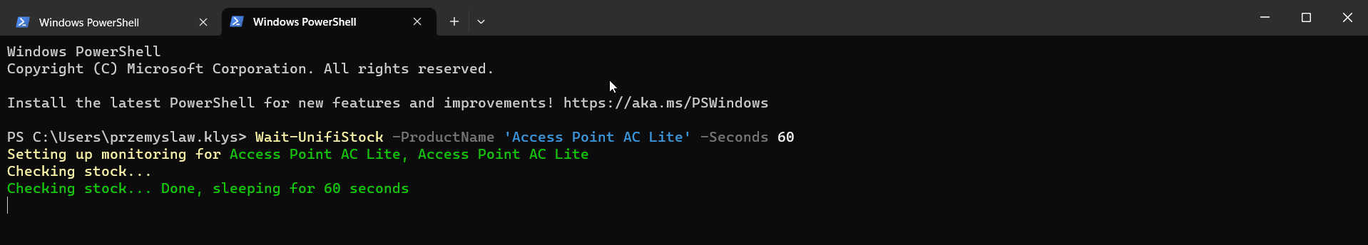 PowerShell window running Wait-UnifiStock for Access Point AC Lite