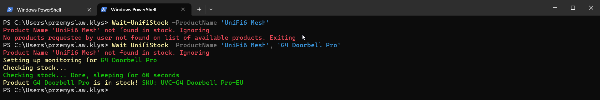 PowerShell window tracking multiple Ubiquiti products with Wait-UnifiStock