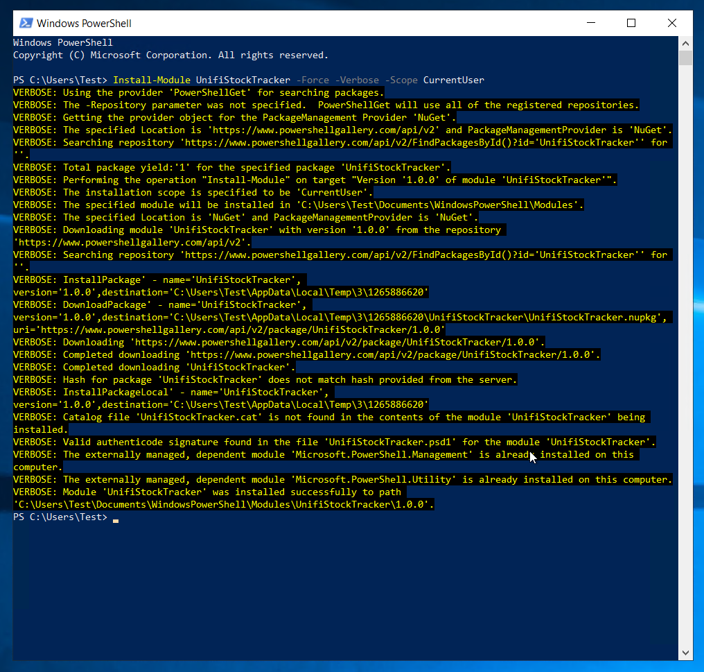 Install-Module command for the UnifiStockTracker PowerShell module