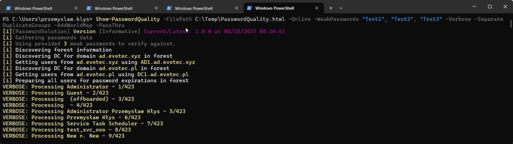 Verbose PowerShell output from a running password quality scan