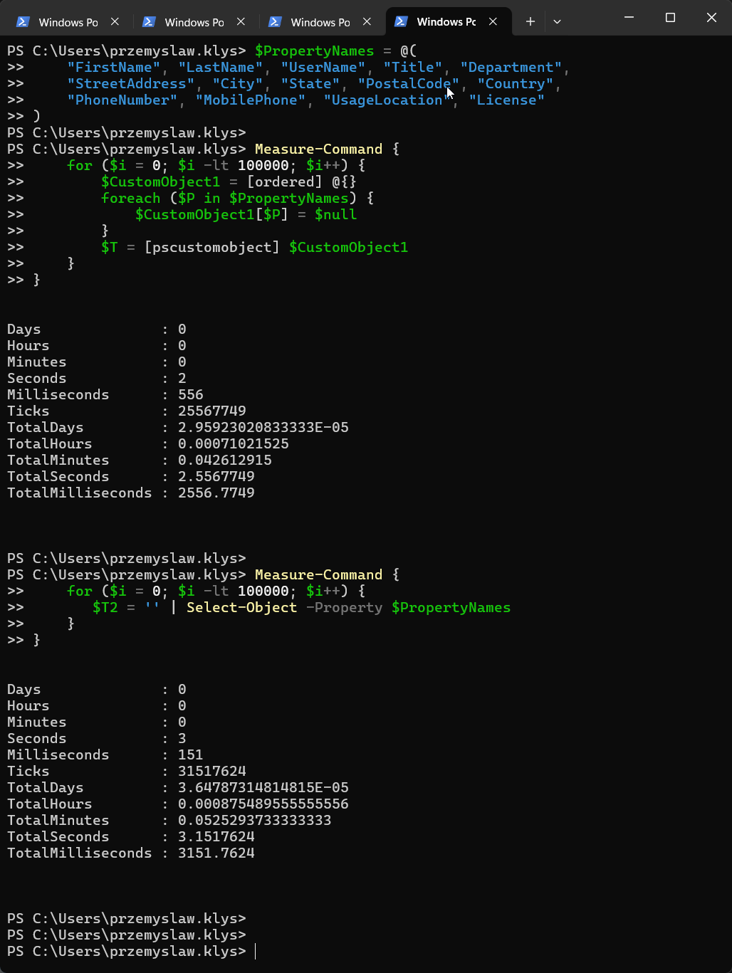 PowerShell 5.1 benchmark comparing an OrderedDictionary PSCustomObject approach against Select-Object for 100000 iterations.