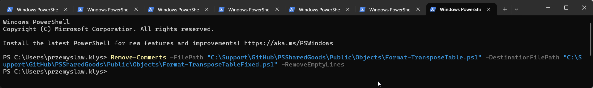 Cleaned PowerShell script after Remove-Comments removed inline comments and extra whitespace from the source file.