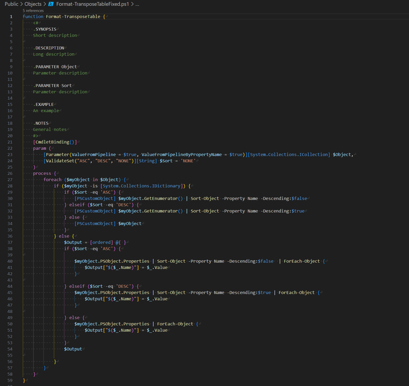 Continuation of the cleaned PowerShell script showing comment-based help preserved after comment removal.
