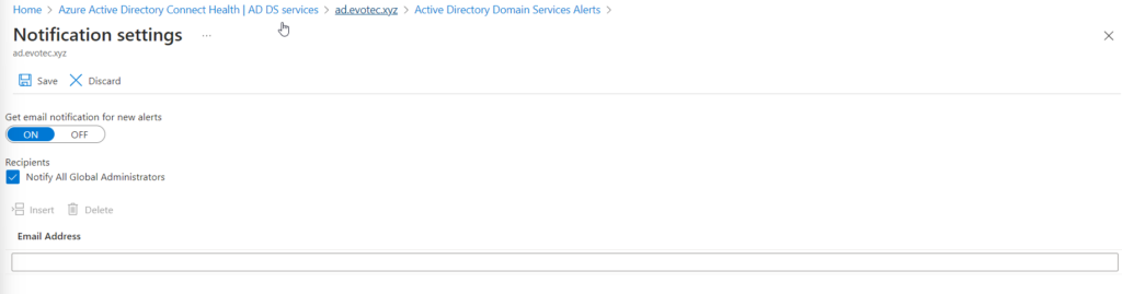 Notification settings for Active Directory alerts