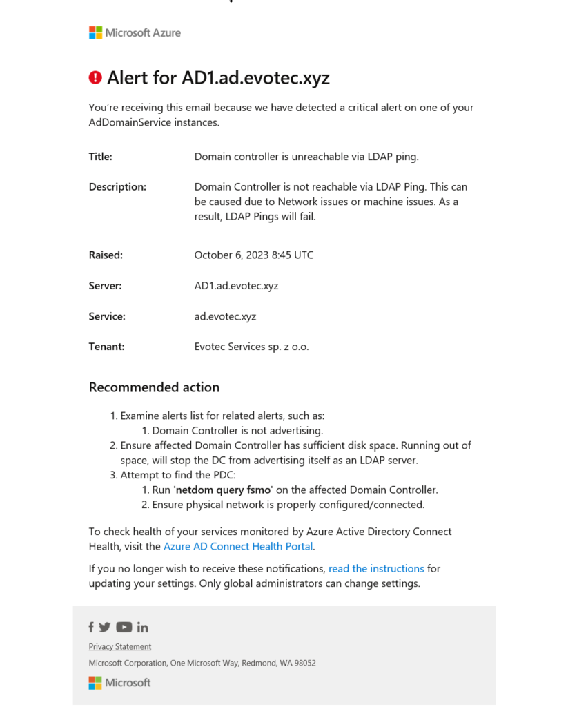 Alert email showing replication and LDAP ping errors