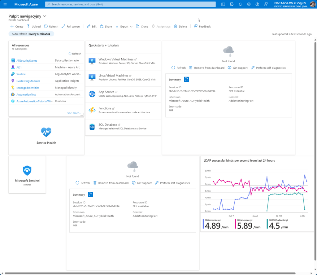 Pinned Azure dashboard tile showing a not-found error