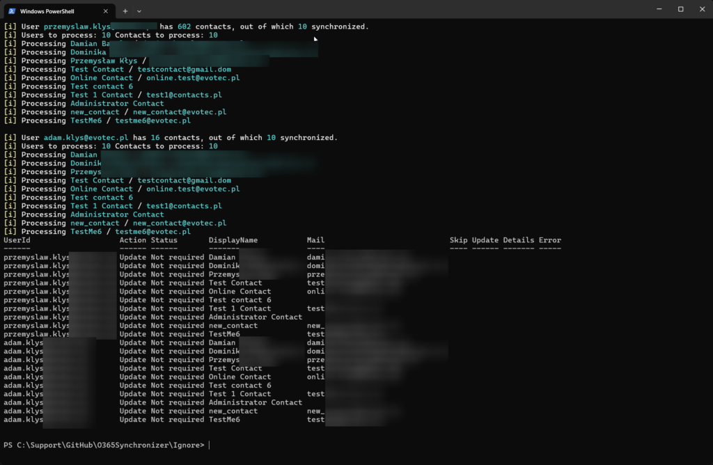 PowerShell synchronization preview showing contacts and members being added to a target Office 365 tenant