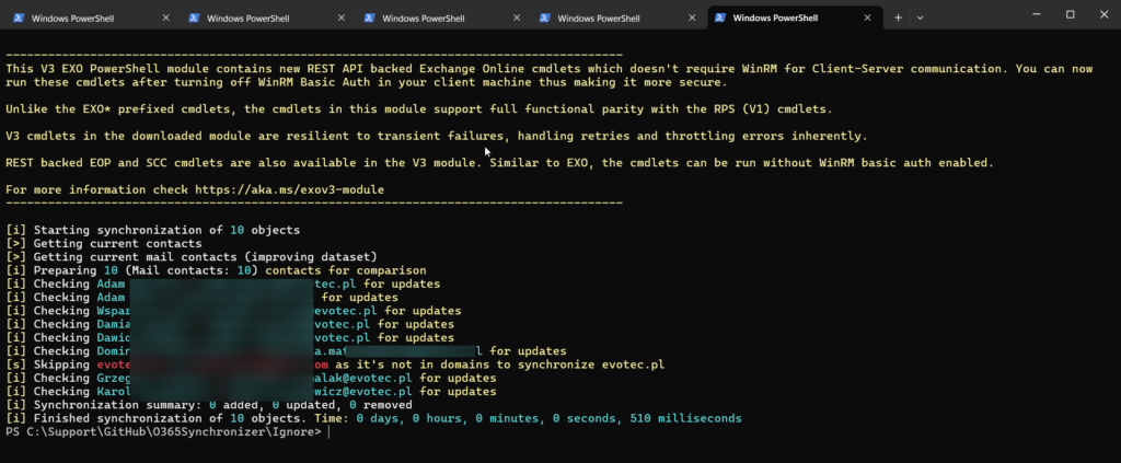 User synchronization output showing contacts being added, updated, or removed for selected domains