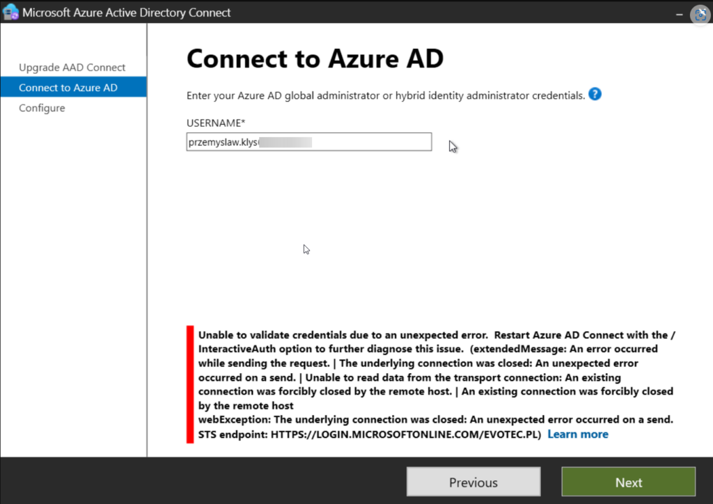Azure AD Connect still failing to validate credentials after using InteractiveAuth