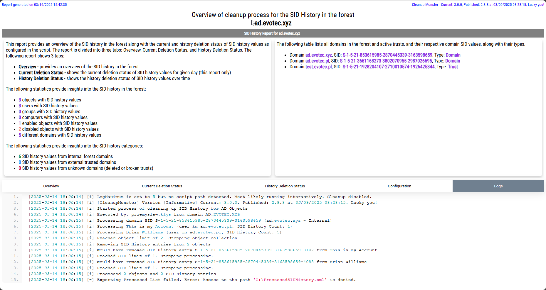CleanupMonster SID History logs tab showing script execution log entries
