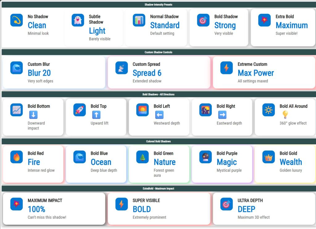 InfoCard shadow showcase with different shadow intensities and directions